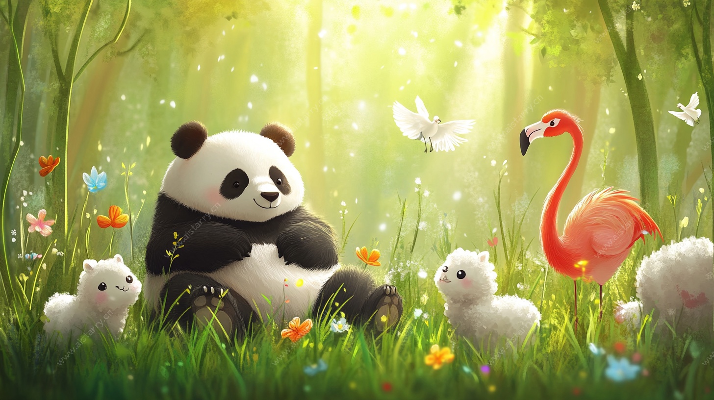 熊猫与动物的森林聚会