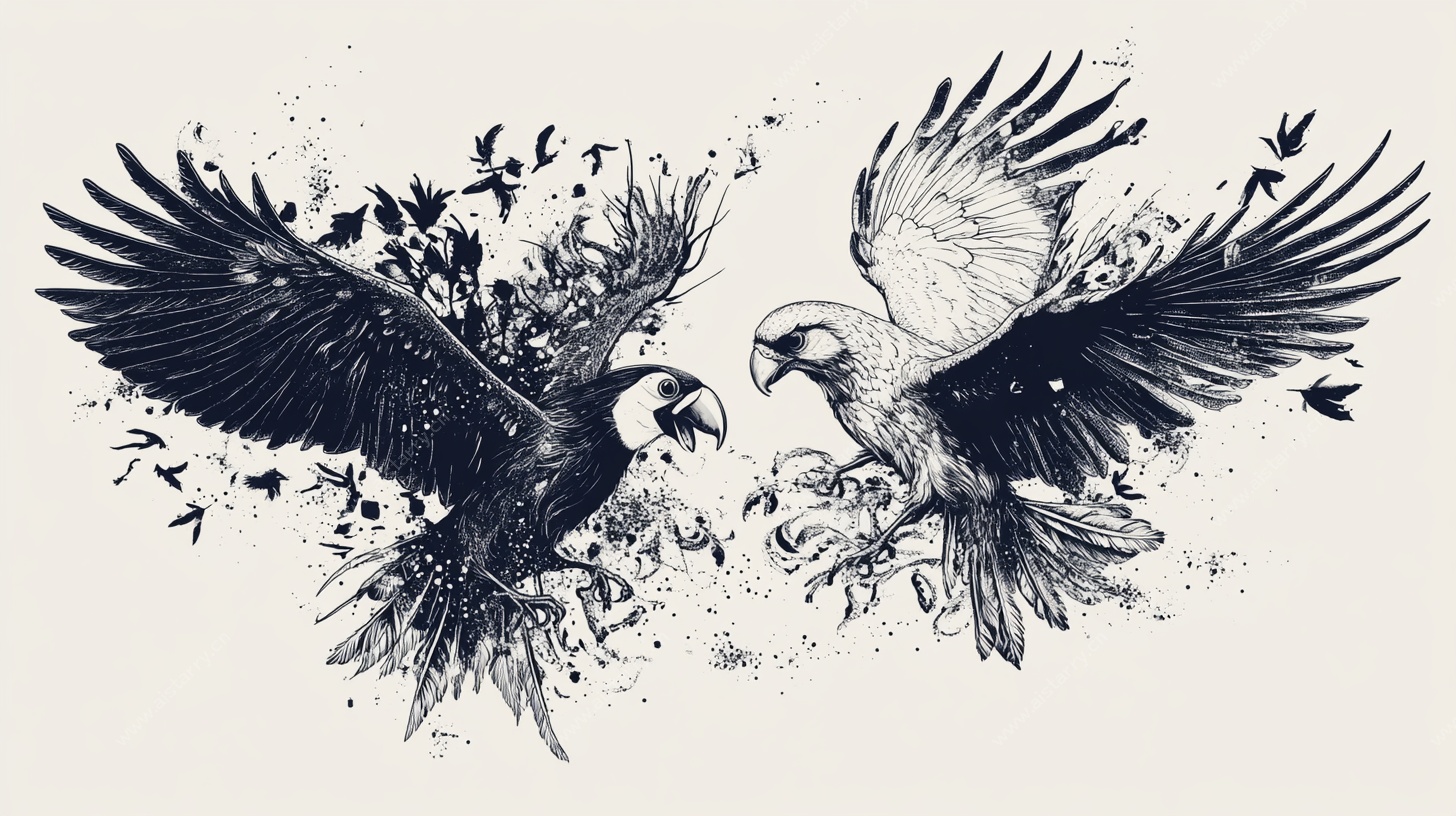 双鹰对峙黑白插画