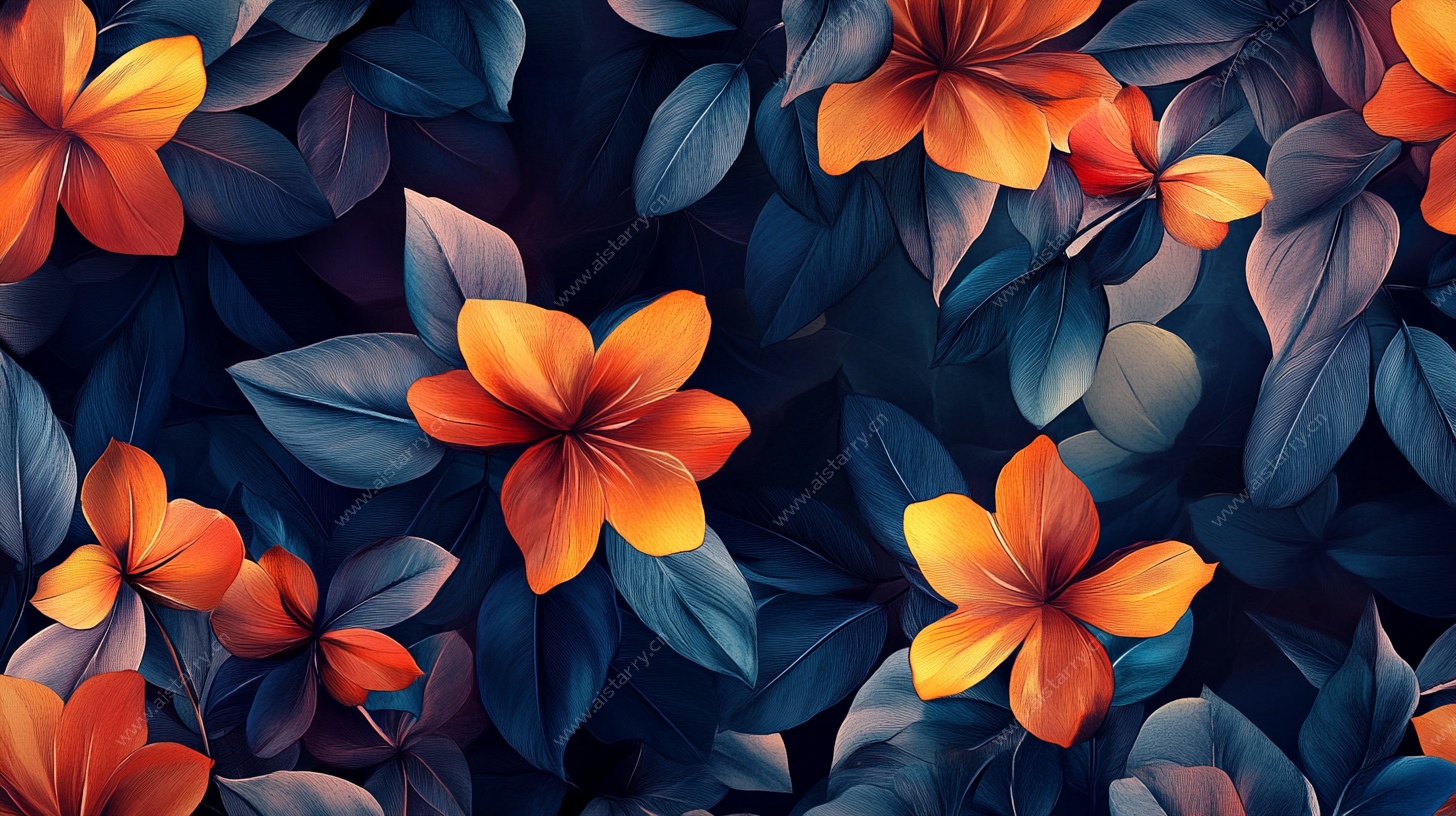 橙花蓝叶梦幻花卉图案