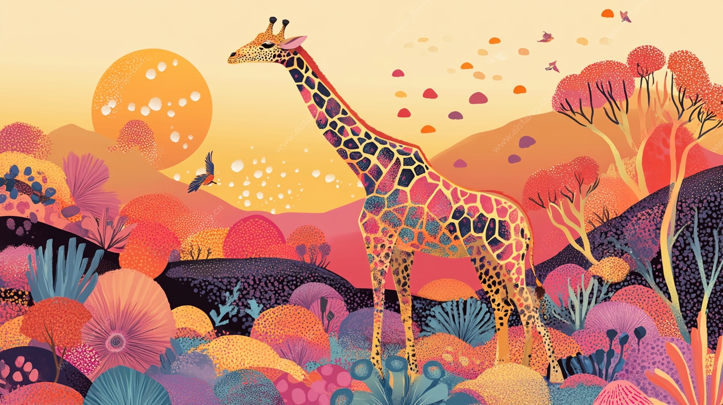 长颈鹿的梦幻彩色丛林