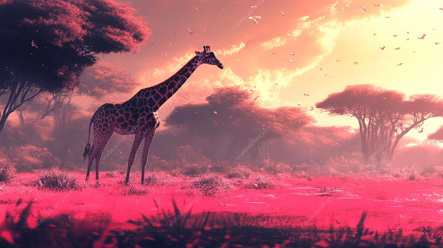 梦幻夕阳下的长颈鹿