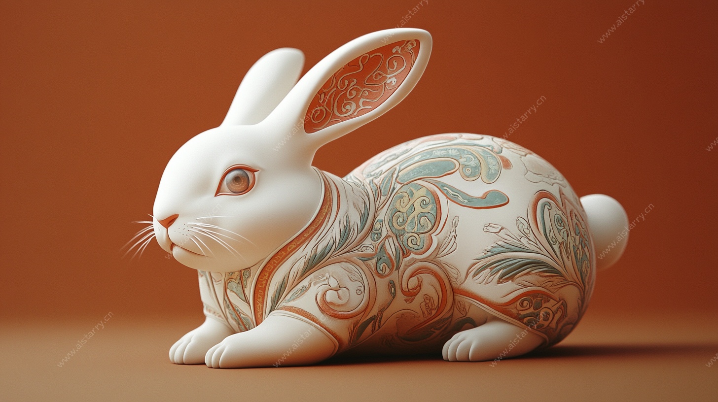 中式花纹瓷兔摆件