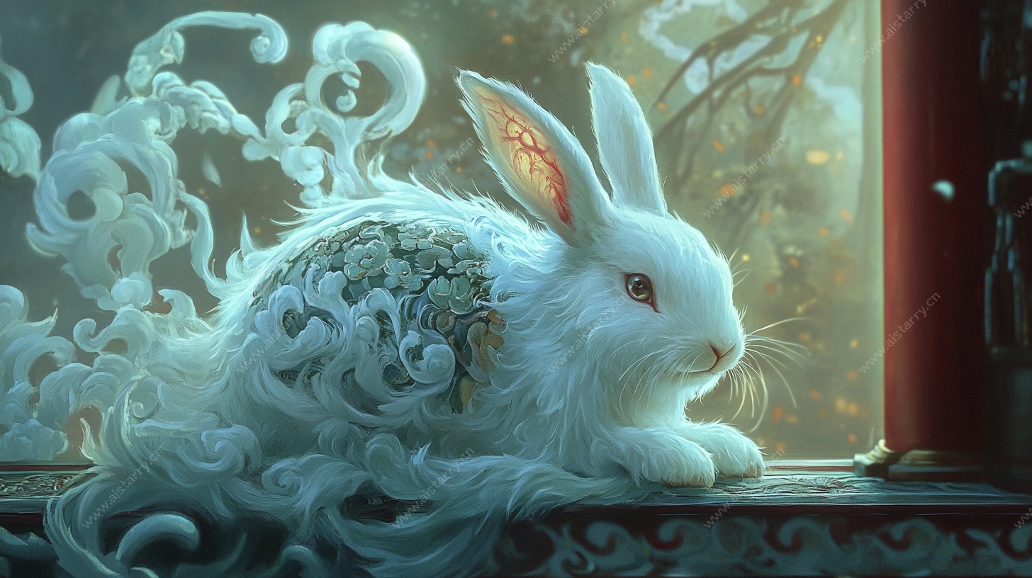 中式奇幻白兔静卧窗前
