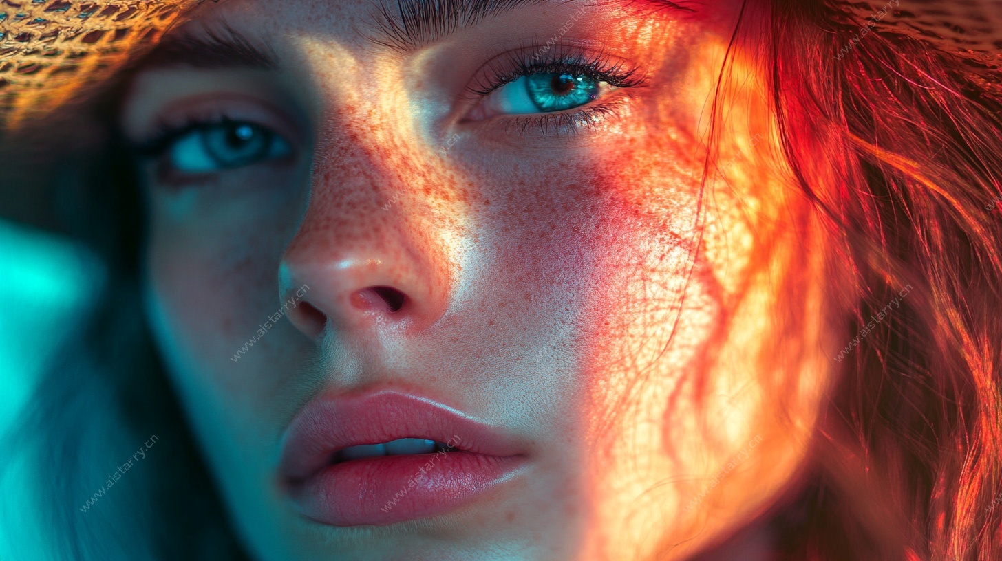 阳光雀斑少女特写肖像