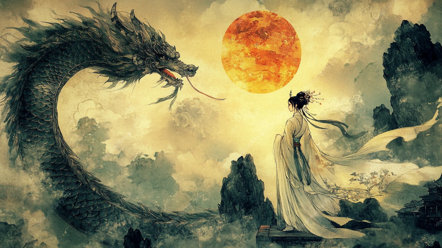 龙与仙人对望奇幻图景