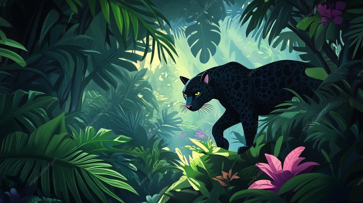 黑豹漫步热带雨林