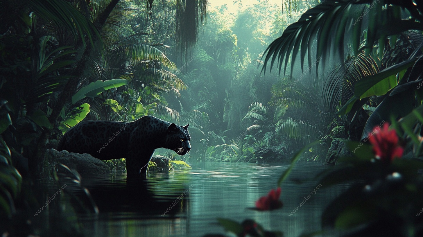黑豹漫步热带雨林间