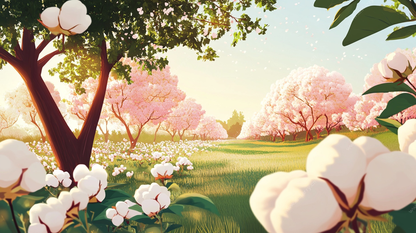 春日棉花与繁花的田园景