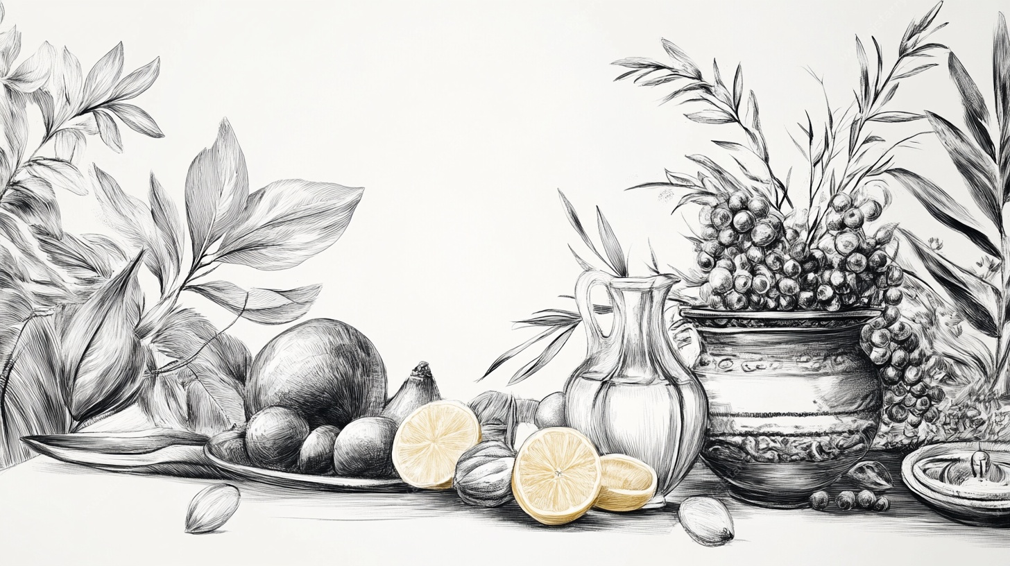 静物素描 水果与植物组合