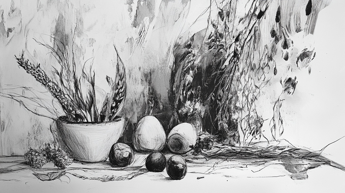 静物素描 碗与蔬果组合