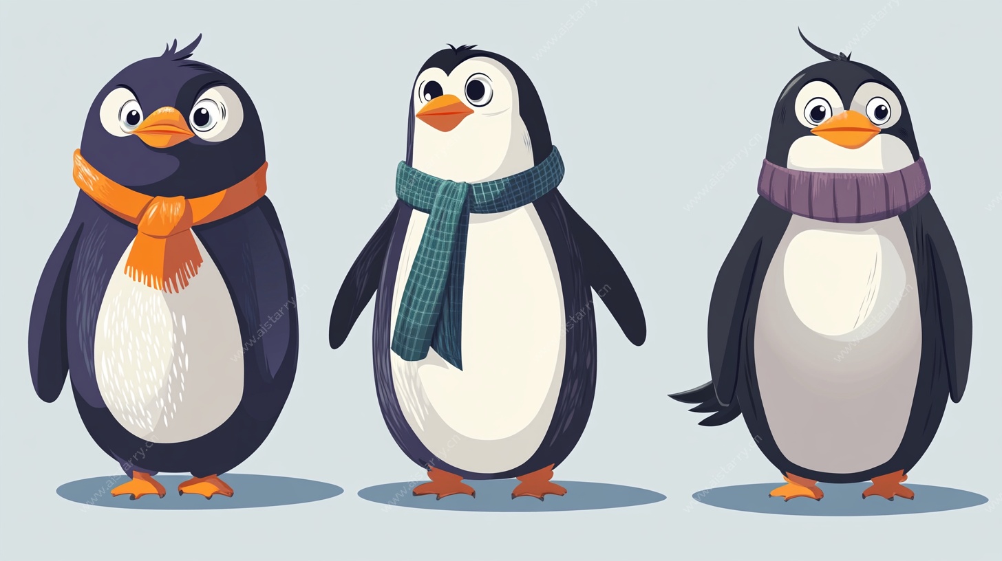三只可爱戴围巾的小企鹅