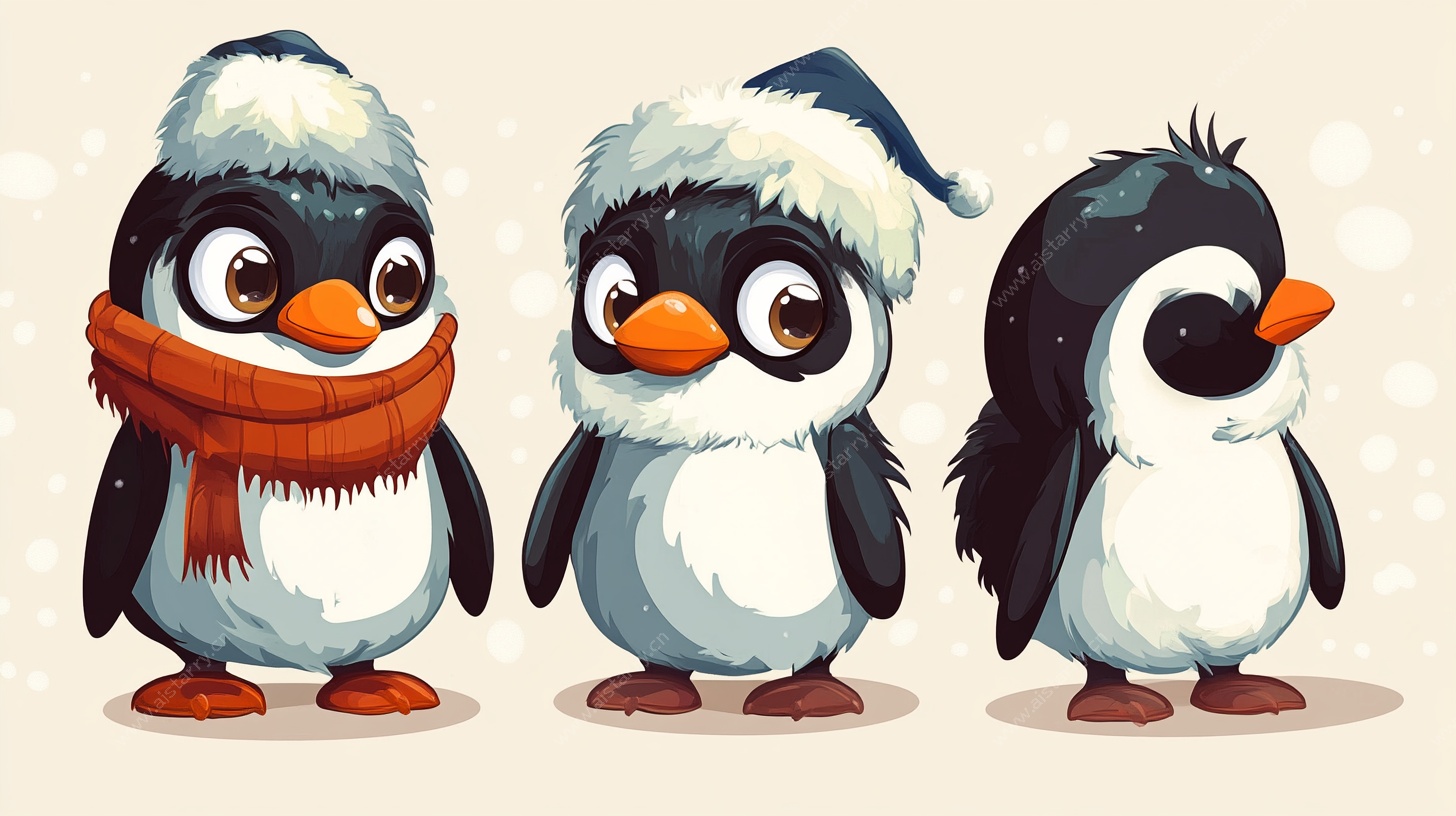 三只萌企鹅的冬日装扮