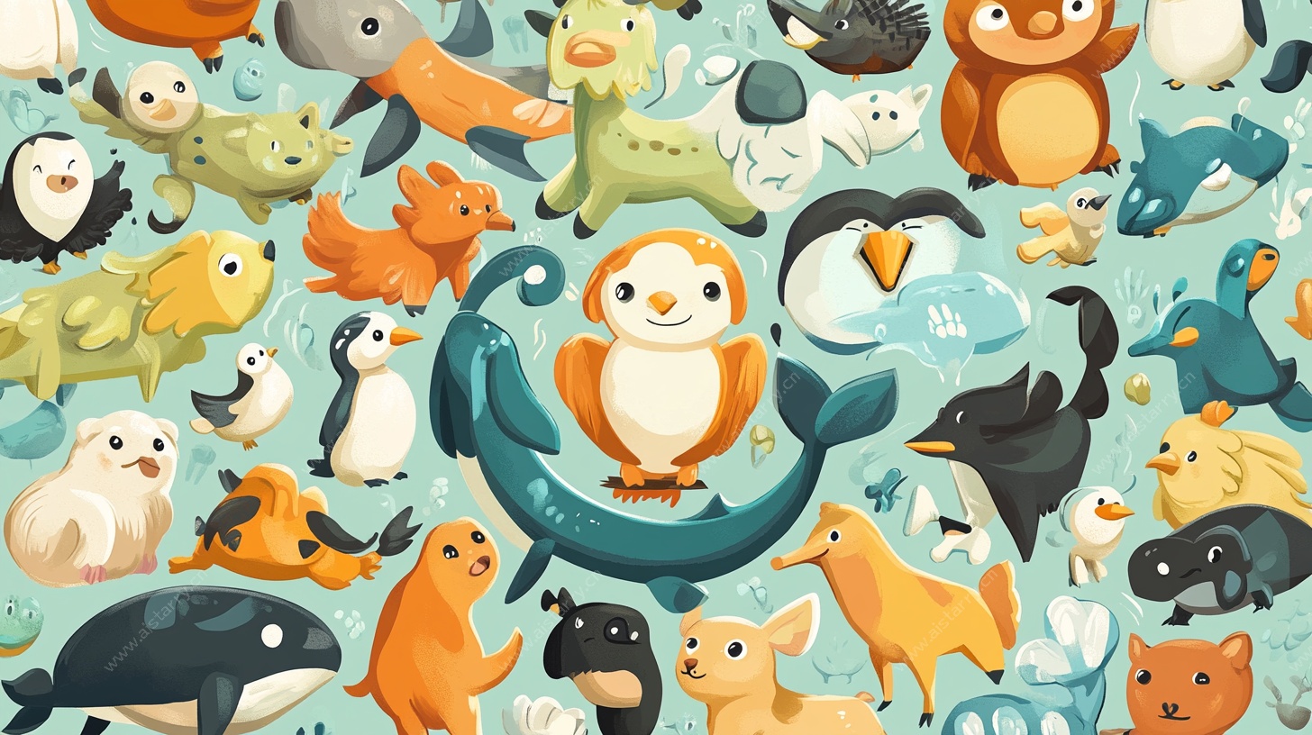 可爱海洋陆地动物插画