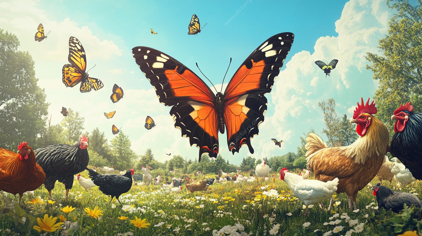 蝶舞鸡群的田园风光