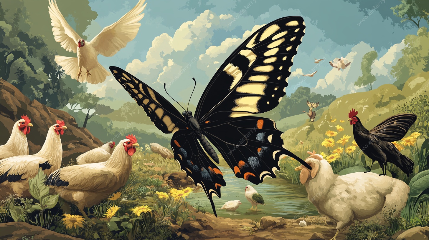 蝶舞禽鸣的田园景致