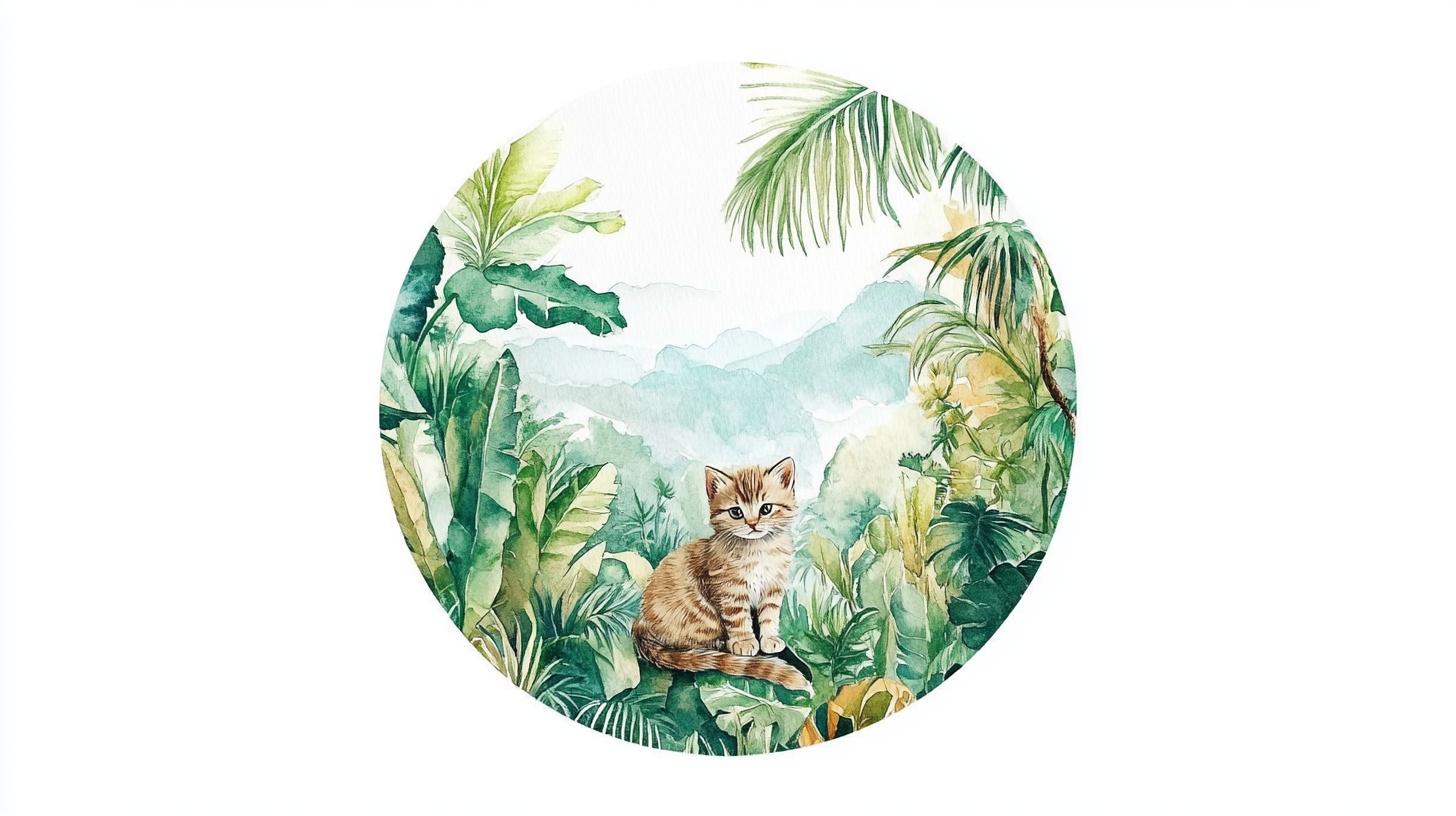 丛林中的猫咪水彩插画