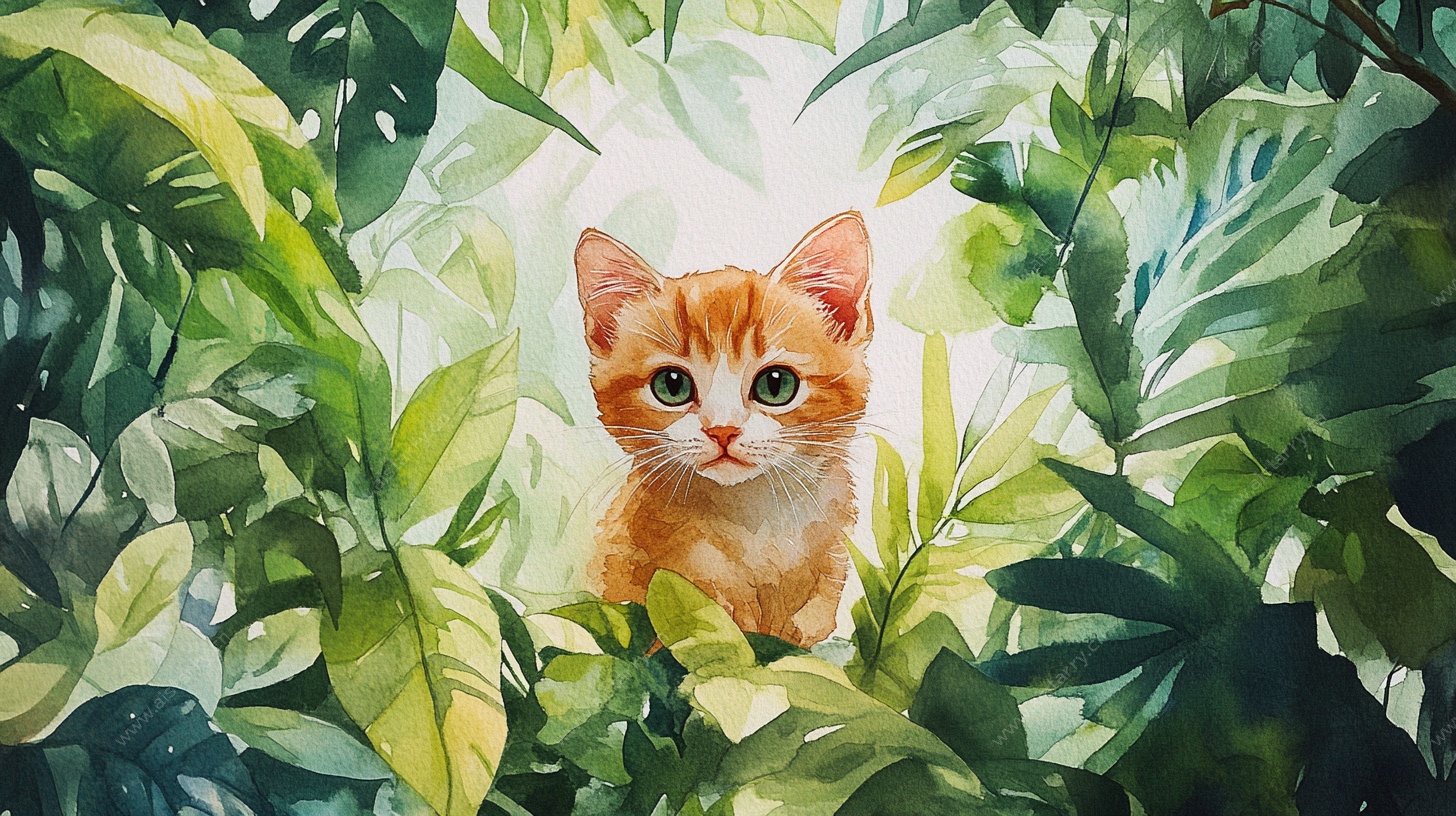 橘猫藏于绿植间的水彩画