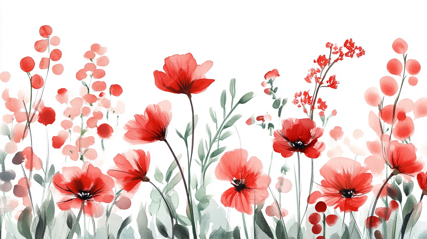 红色水彩花卉植物图案