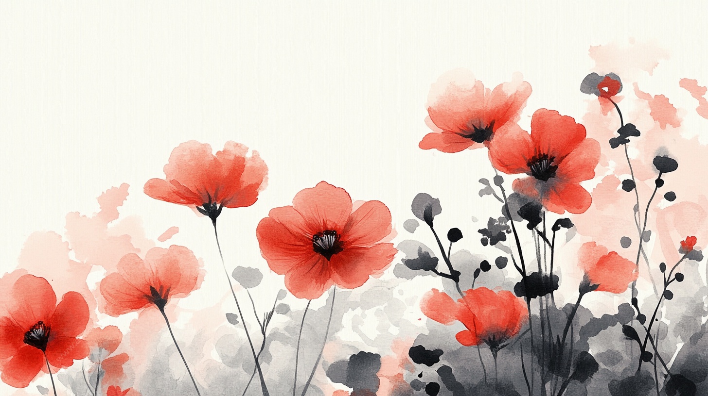 水墨红罂粟花卉插画