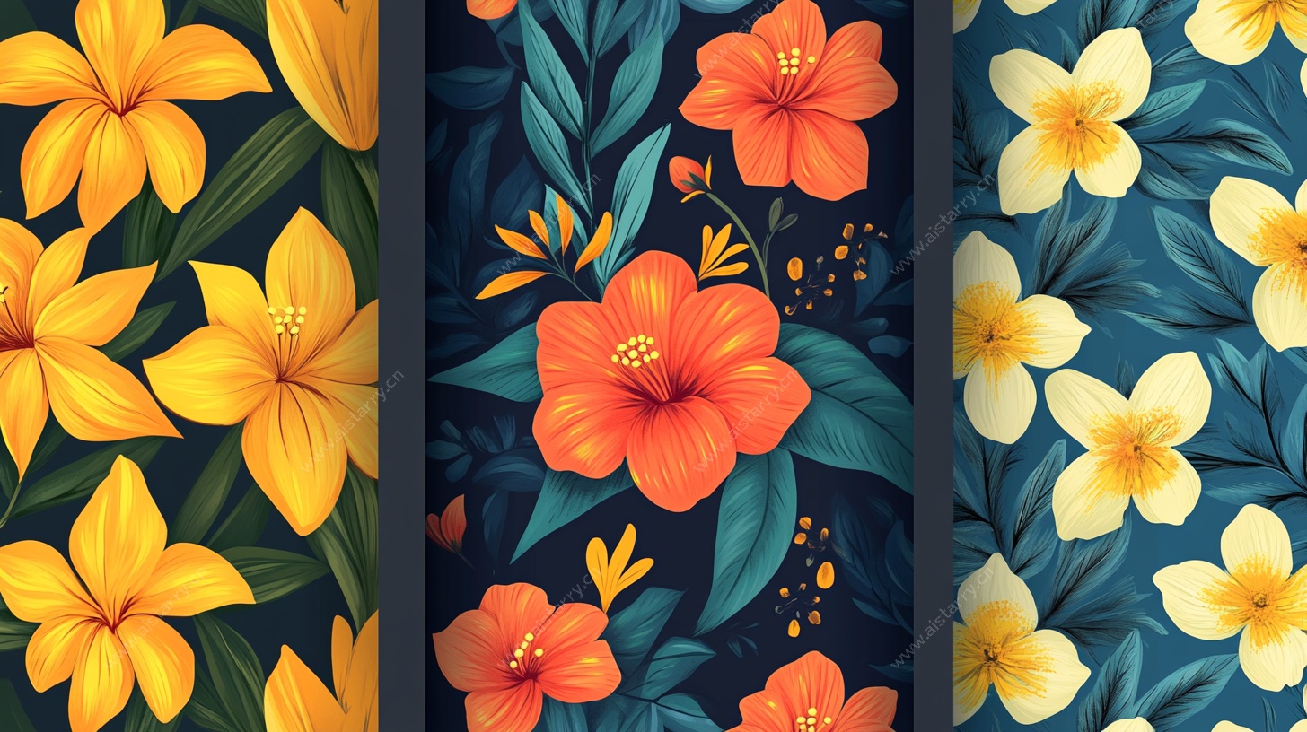热带花卉三联装饰插画