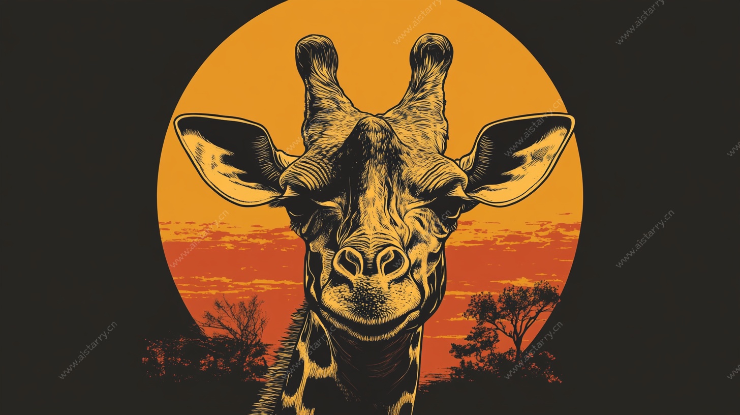 长颈鹿夕阳剪影插画