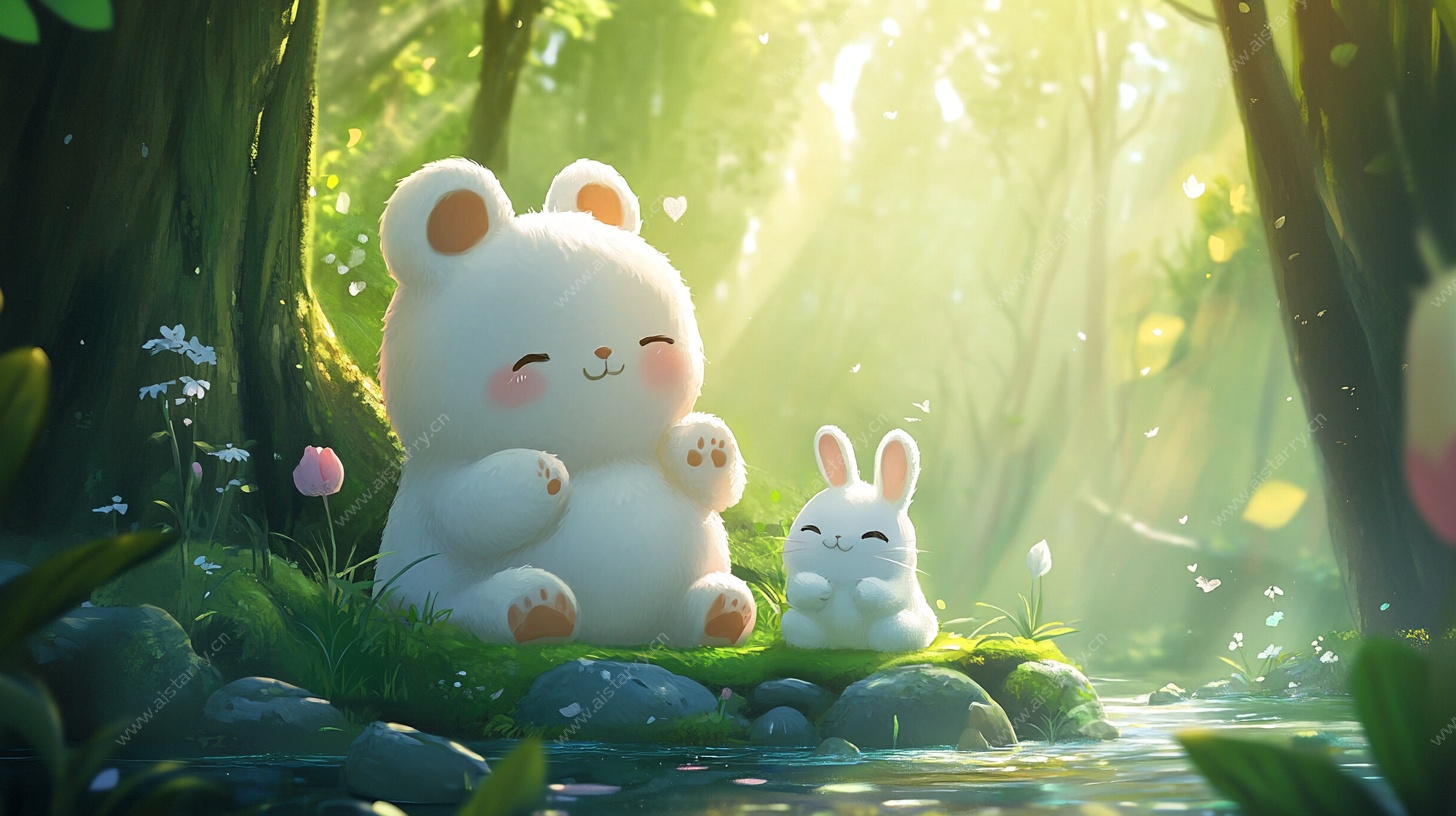 林间萌宠 小熊与小兔相伴