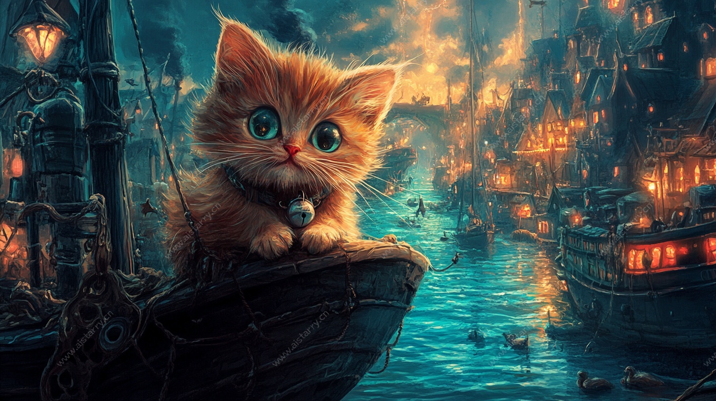 猫咪坐船头的奇幻夜景