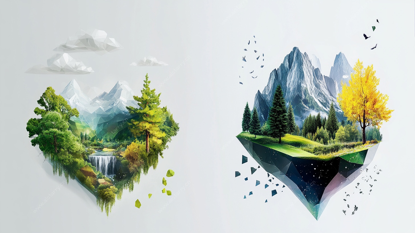 心形山水风景插画