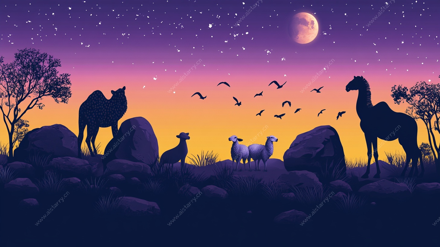 月夜下的动物剪影景观