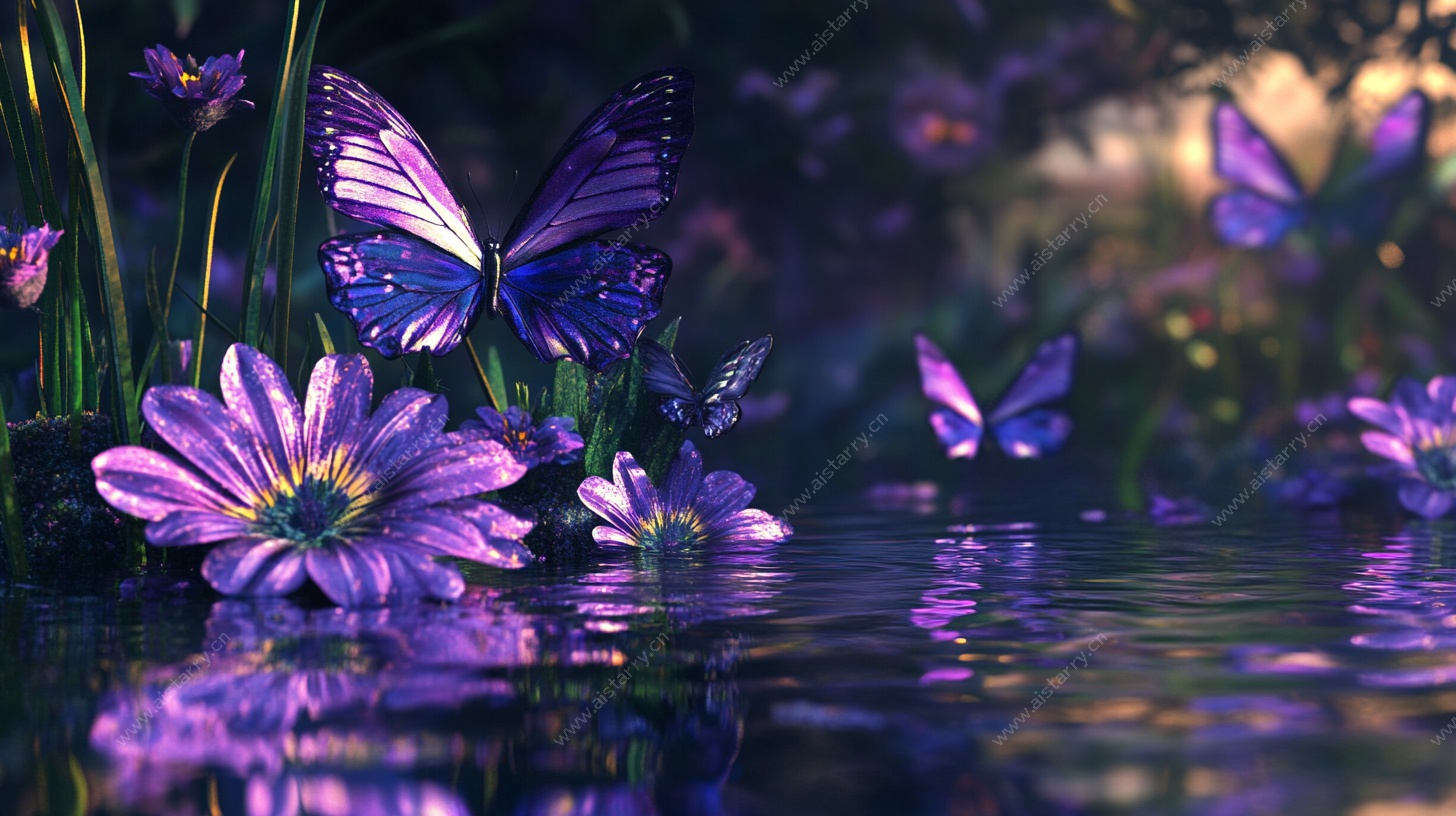梦幻紫蝶花丛映水图景