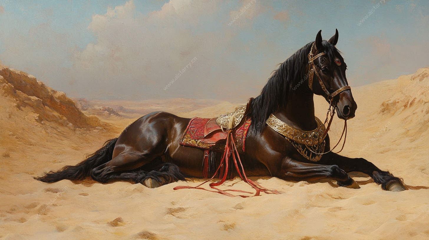 沙漠中休憩的华丽骏马