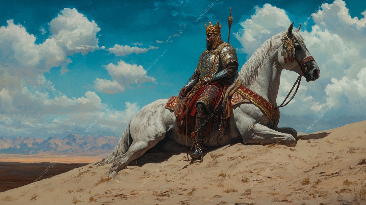 沙漠中休憩的骑士与白马