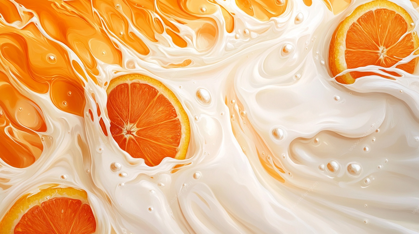 橙汁牛奶交融艺术画面
