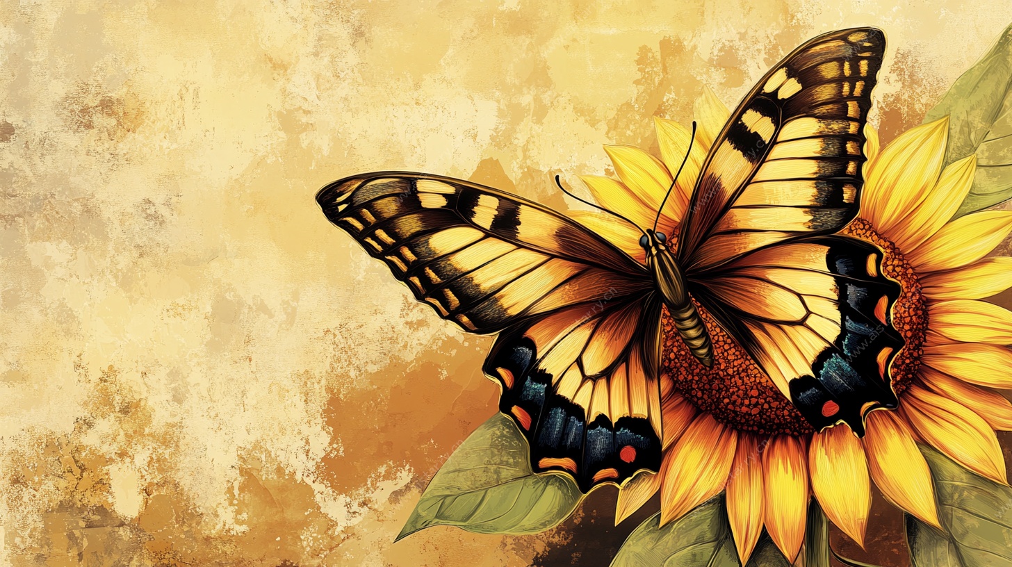 蝴蝶栖于向日葵上画面