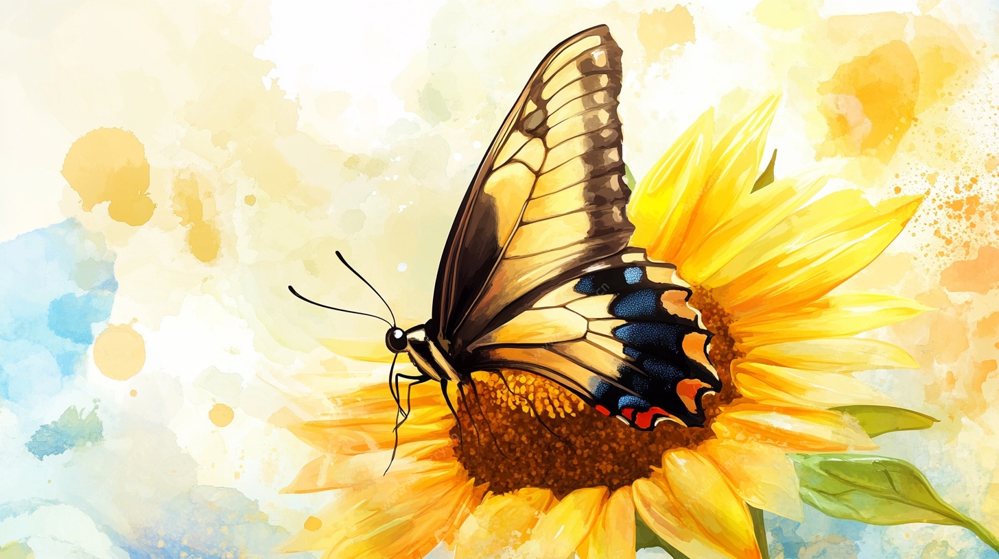 蝴蝶停驻向日葵水彩画