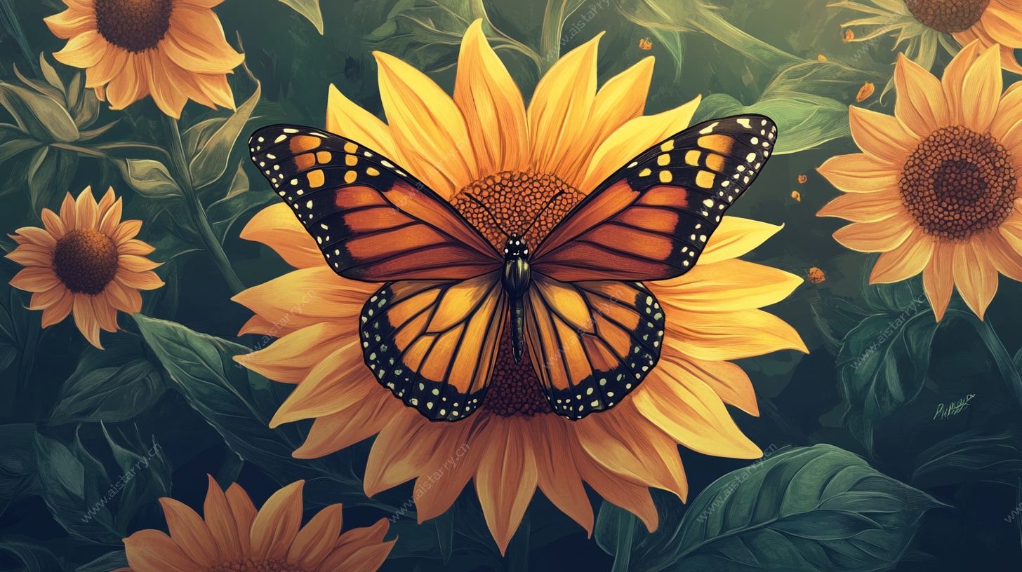 蝴蝶栖于向日葵花丛中