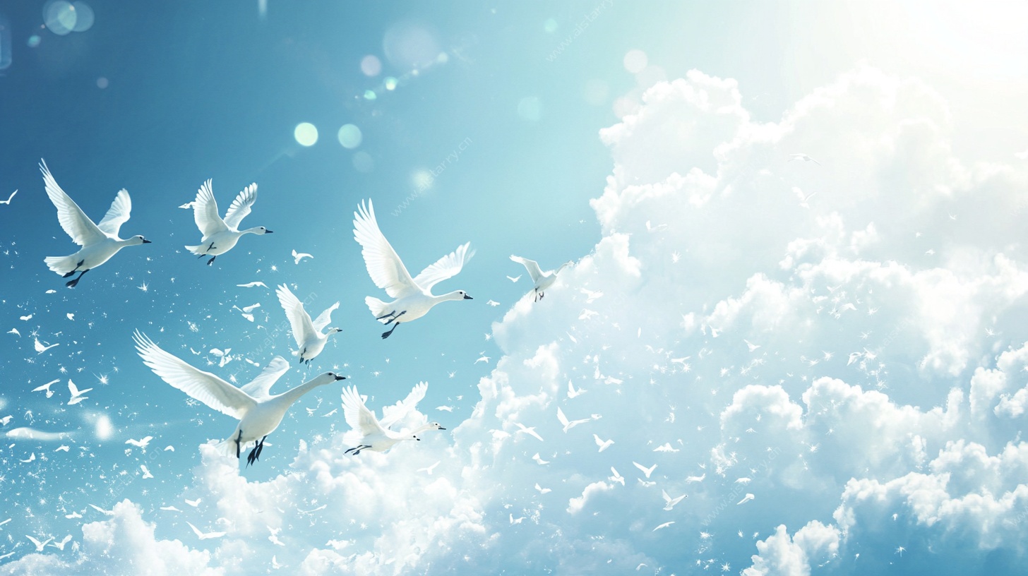 飞鸟翔于蓝天云朵间