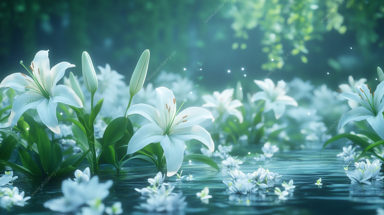 梦幻百合绽放于静谧水面