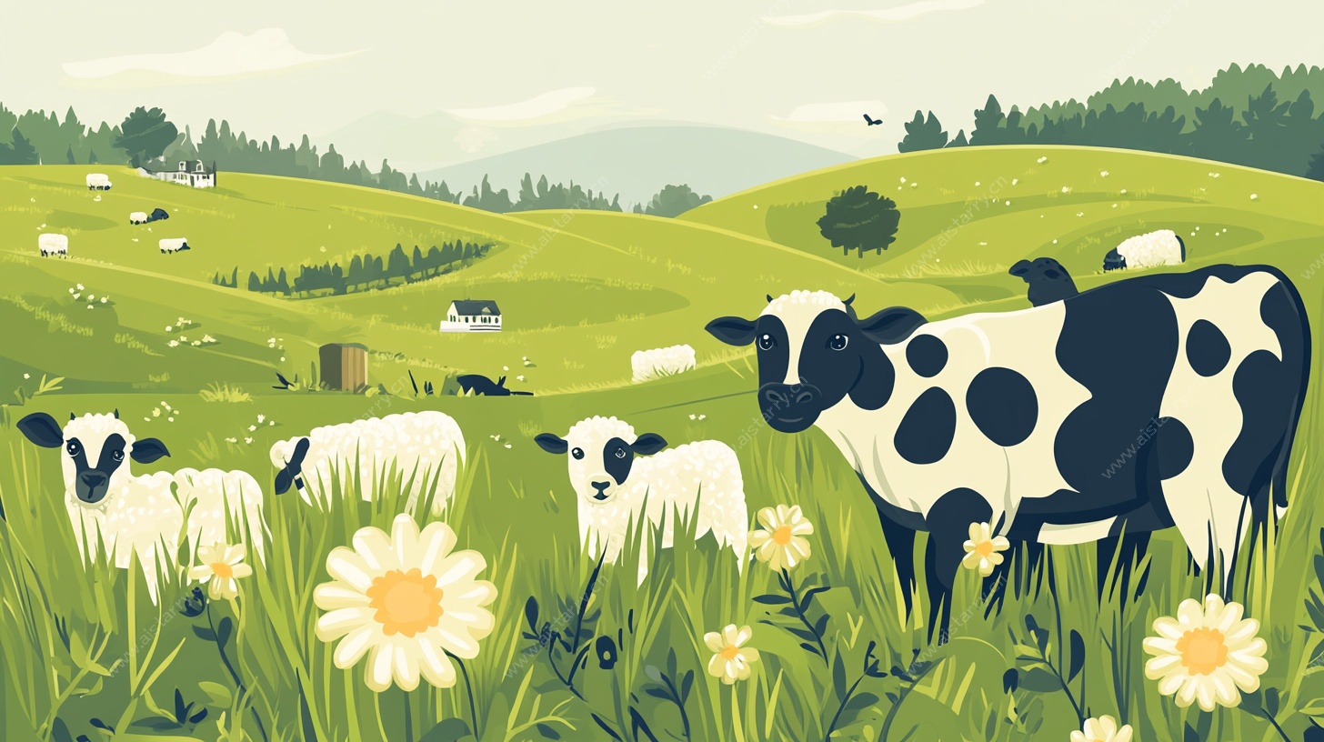 田园牧歌 牛群悠然的草地风光