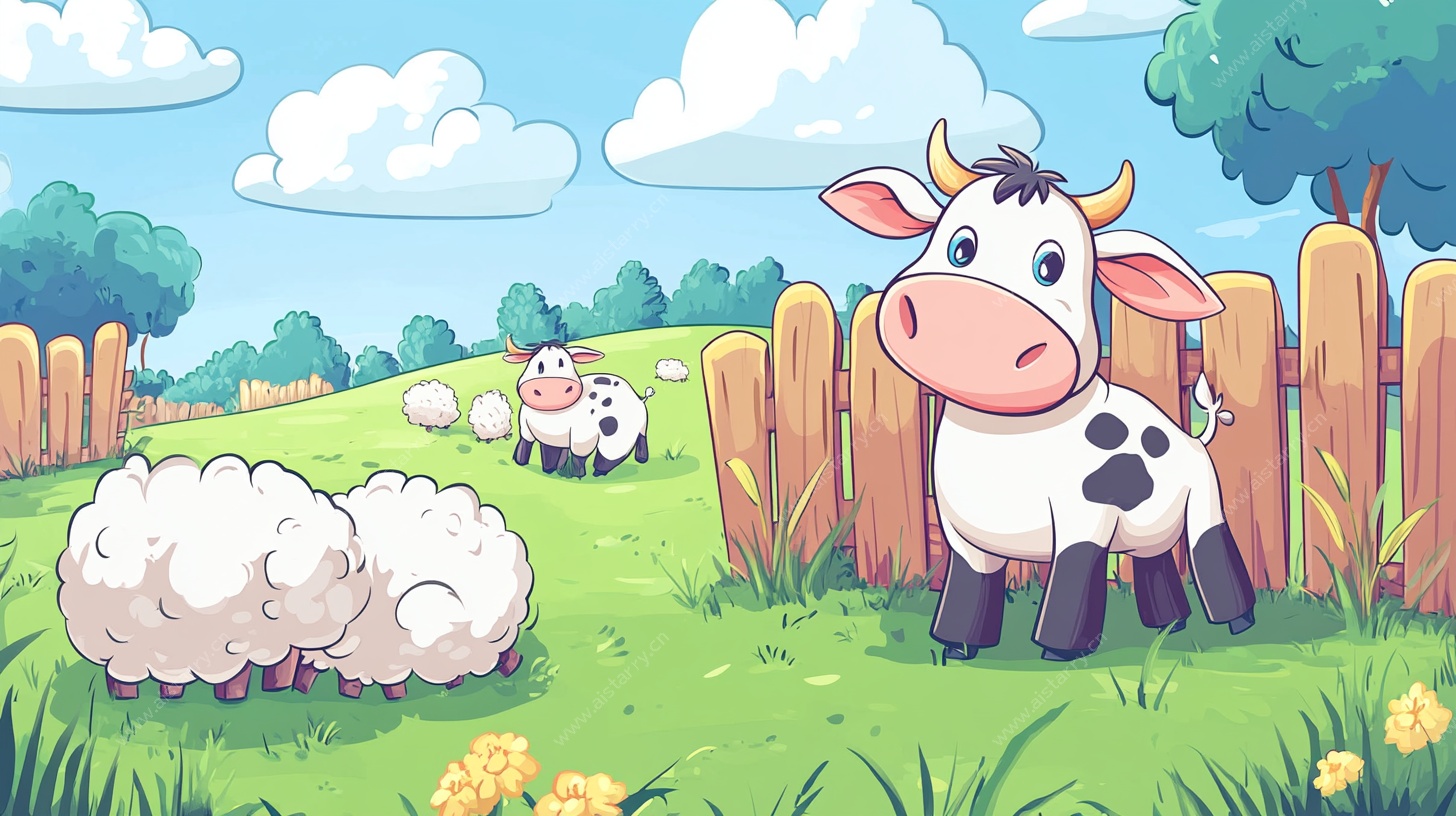 田园奶牛与绵羊卡通插画