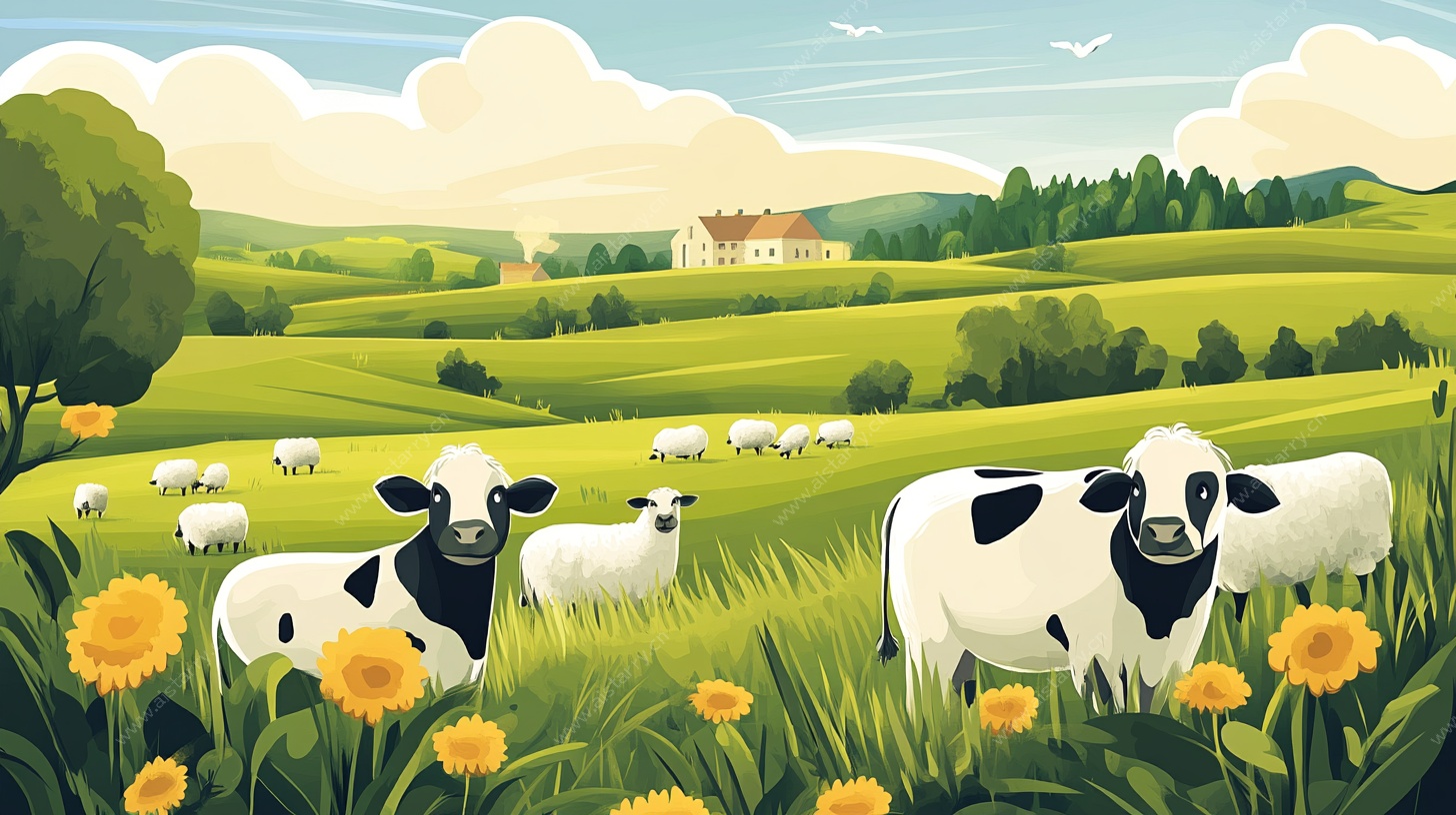 田园牧歌 奶牛与羊群的惬意时光