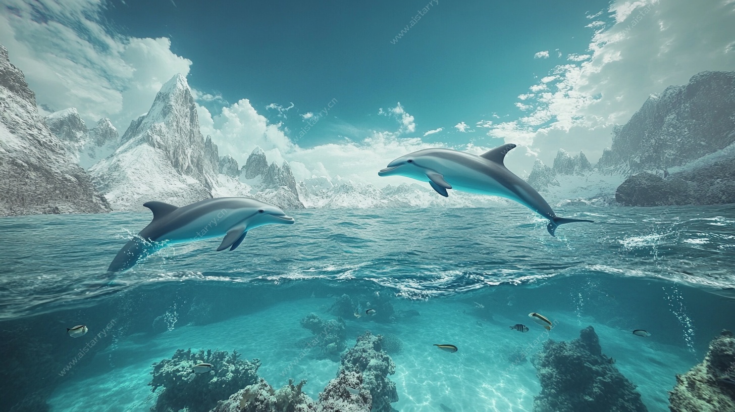 海豚跃于碧海雪山之景