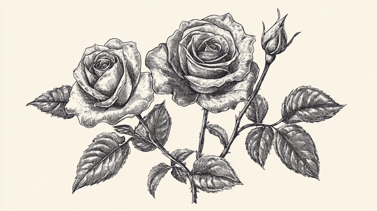 黑白手绘双朵玫瑰花