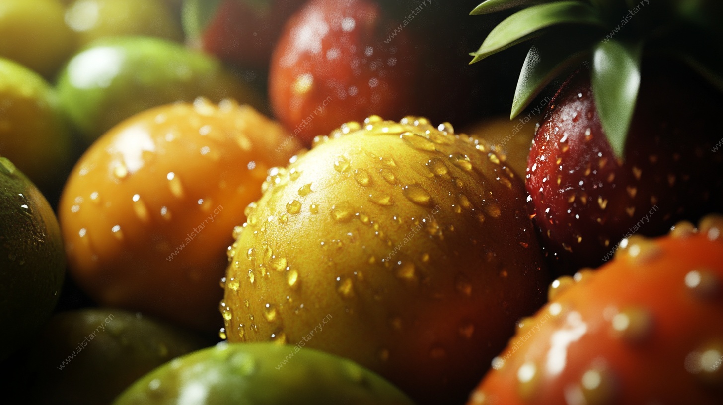 水珠点缀的多彩新鲜果实