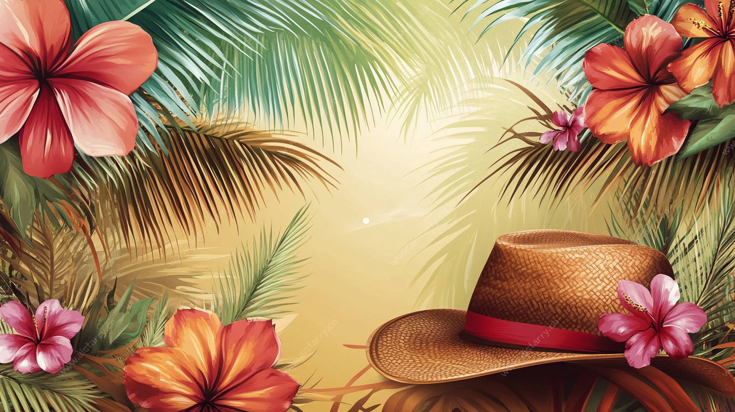 夏日草帽花卉热带风情图