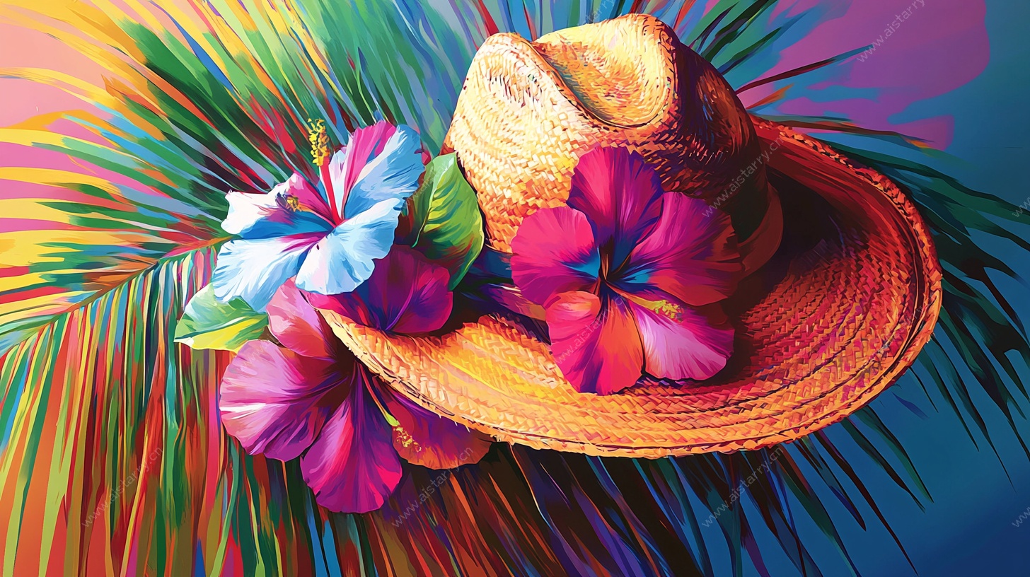 草帽与花卉的热带风情画