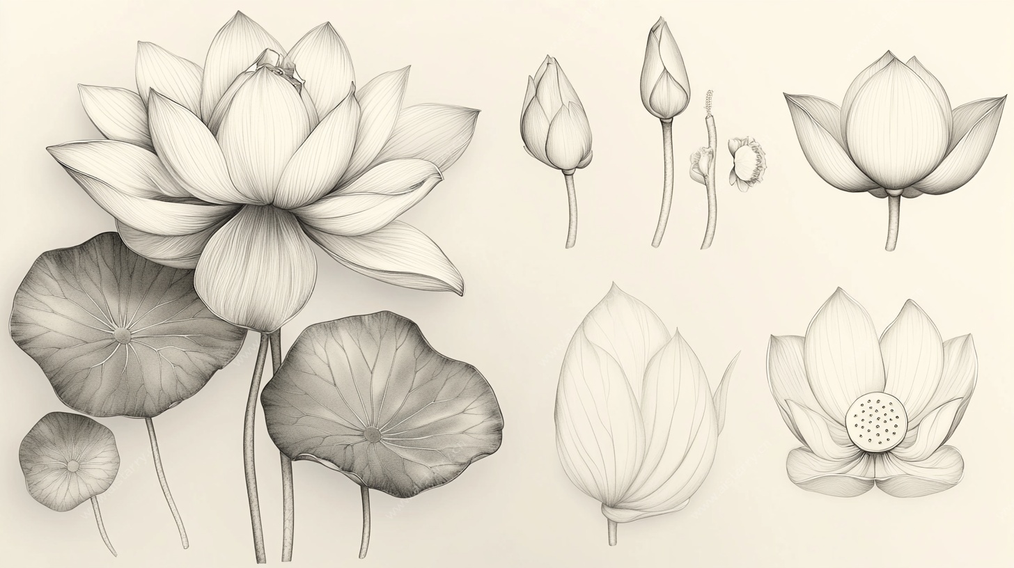 黑白荷花线稿插画集