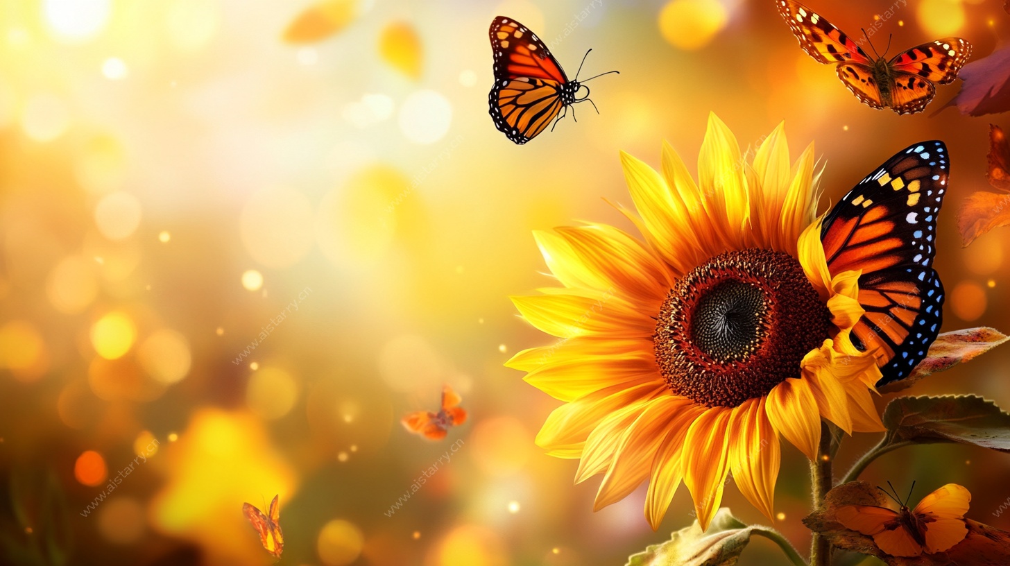 向日葵上的蝴蝶梦幻图景