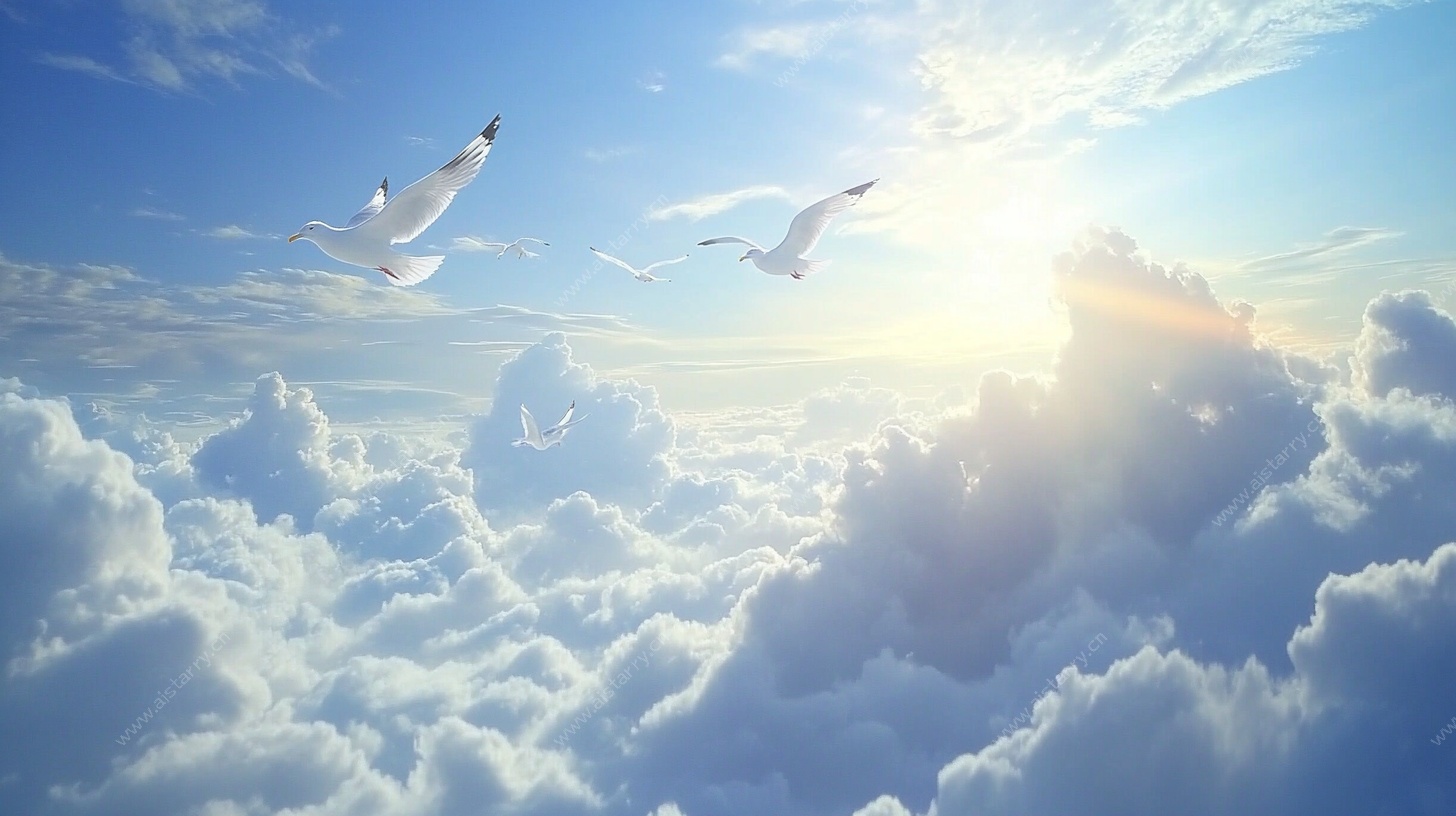 蓝天白云间海鸥伴日飞翔