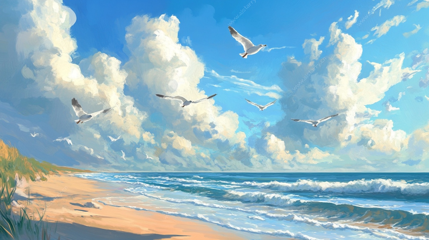 海边飞鸟与浪的梦幻景致